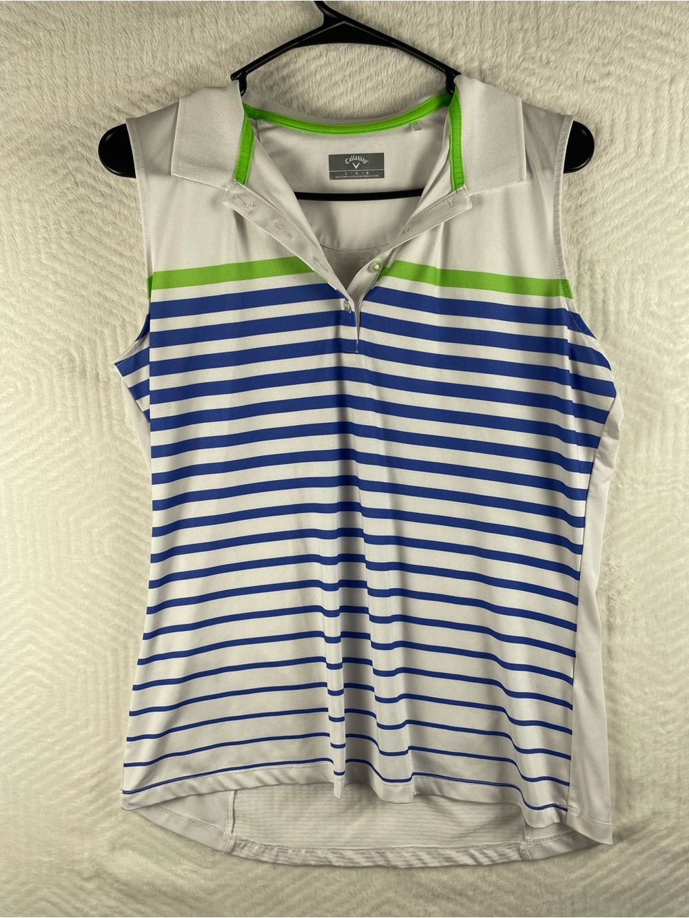 Callaway White Sleeveless Polo Tank with Blue Stripes & Green Accent